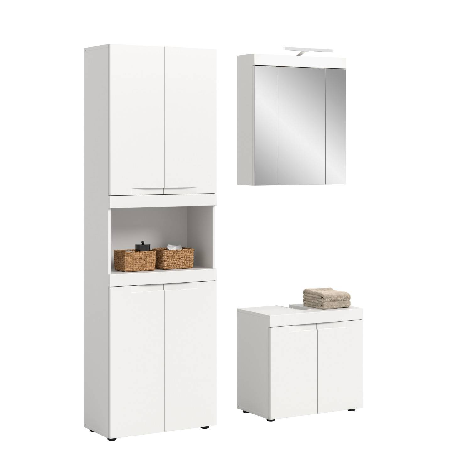 Weißes dreiteiliges Badmöbel Set, Hochschrank, Spiegelschrank und Unterschrank mit Hochglanz-Fronten – Bruna