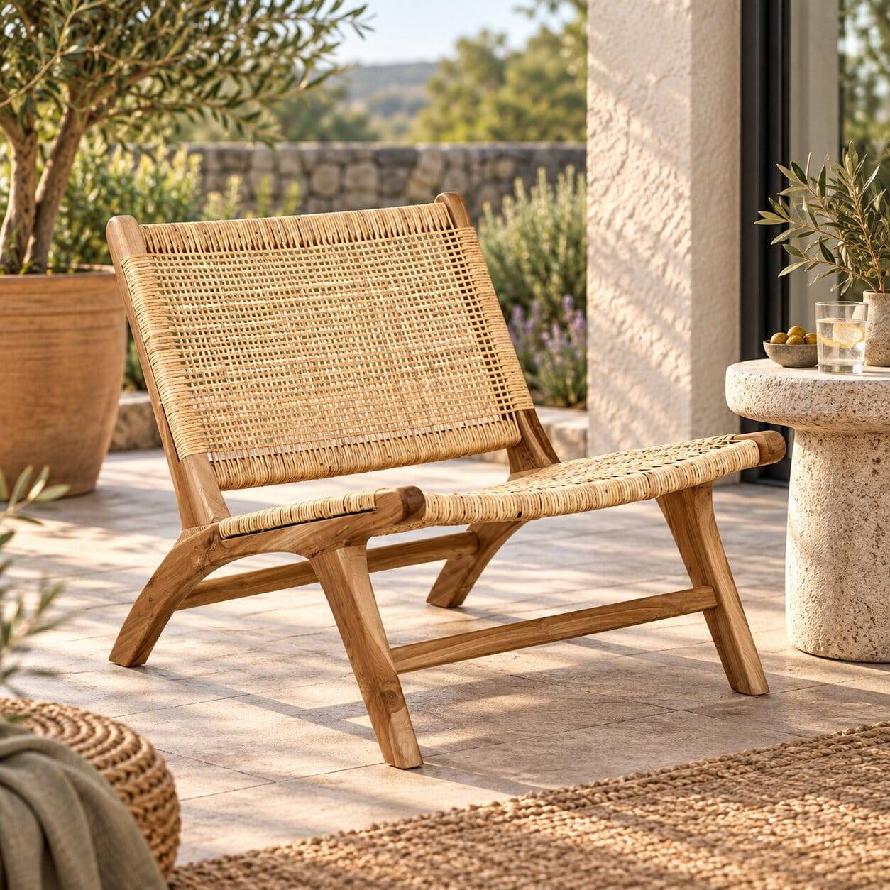 Lounge Stuhl aus Geflecht Rattan und Teak Massivholz