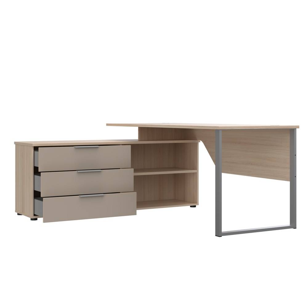 Moderner Büroschreibtisch mit hellem Holz-Look und Anbauschrank, eine Schublade leicht geöffnet – Jantala