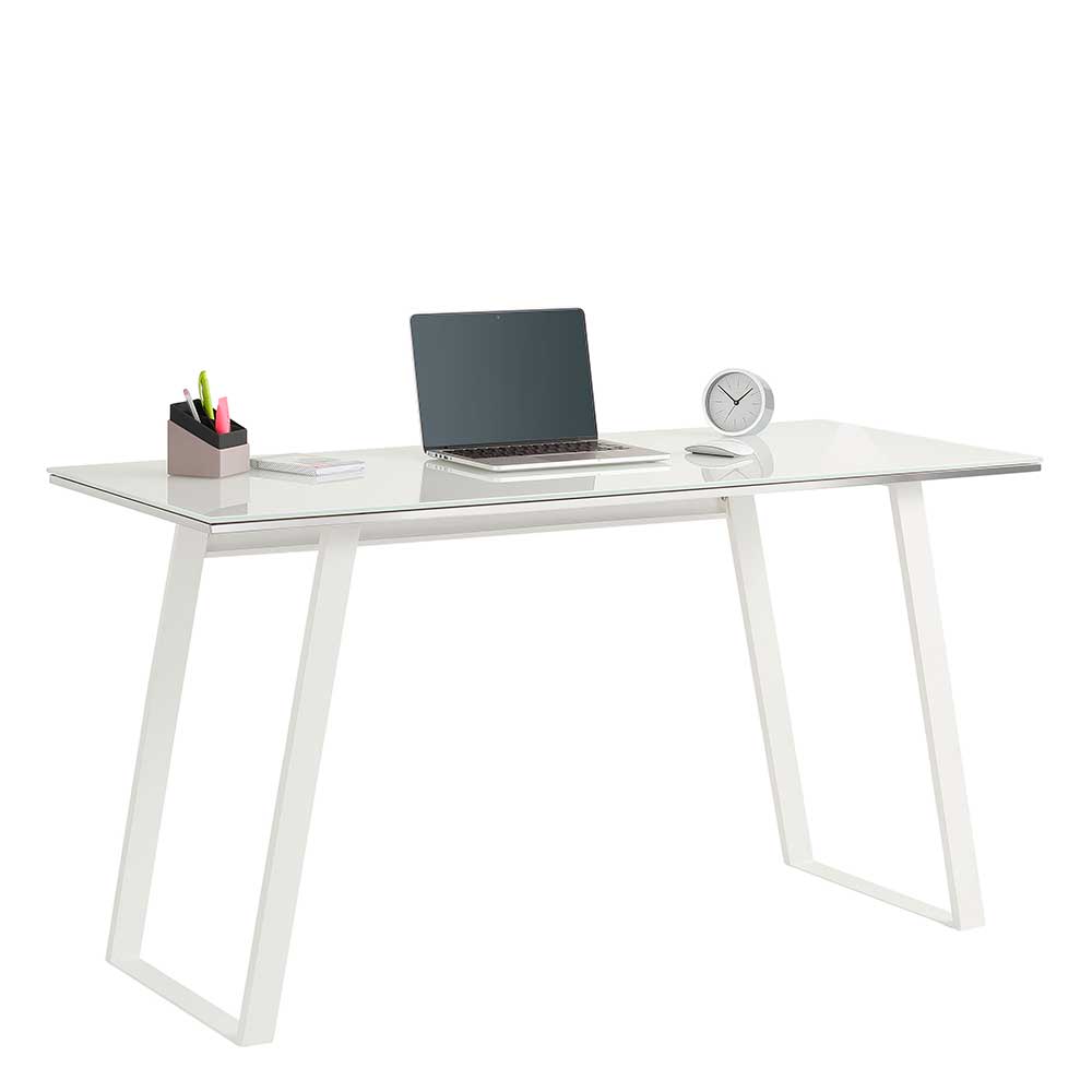 140x60 Design Schreibtisch mit Weißglas Platte - Thiano