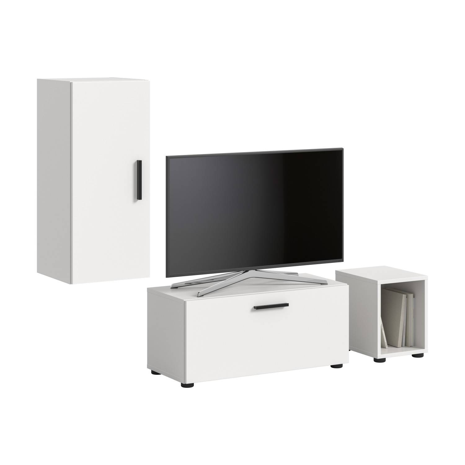 Moderne dreiteilige weiße TV Möbelgruppe mit Hochschrank, TV-Board und kleinem Würfelregal – Actionsa