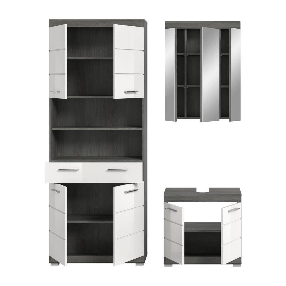 Dreiteilige Badschrank-Kombination mit geöffneten Türen, Hochschrank, Spiegelschrank und Waschtischunterschrank – Nancys