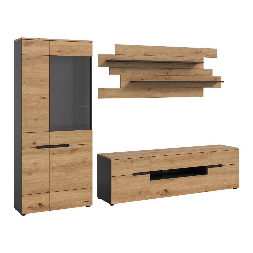 Dreiteilige Anbauwand in Eiche Artisan mit Vitrine, TV-Board und Wandregalen für das Wohnzimmer – Irysma