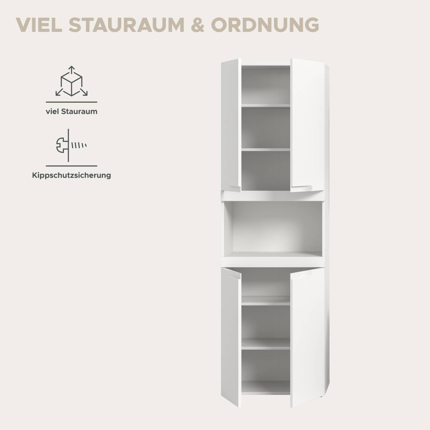 Weißer Hochschrank für das Badezimmer mit viel Stauraum und Kippschutzsicherung – Bruna