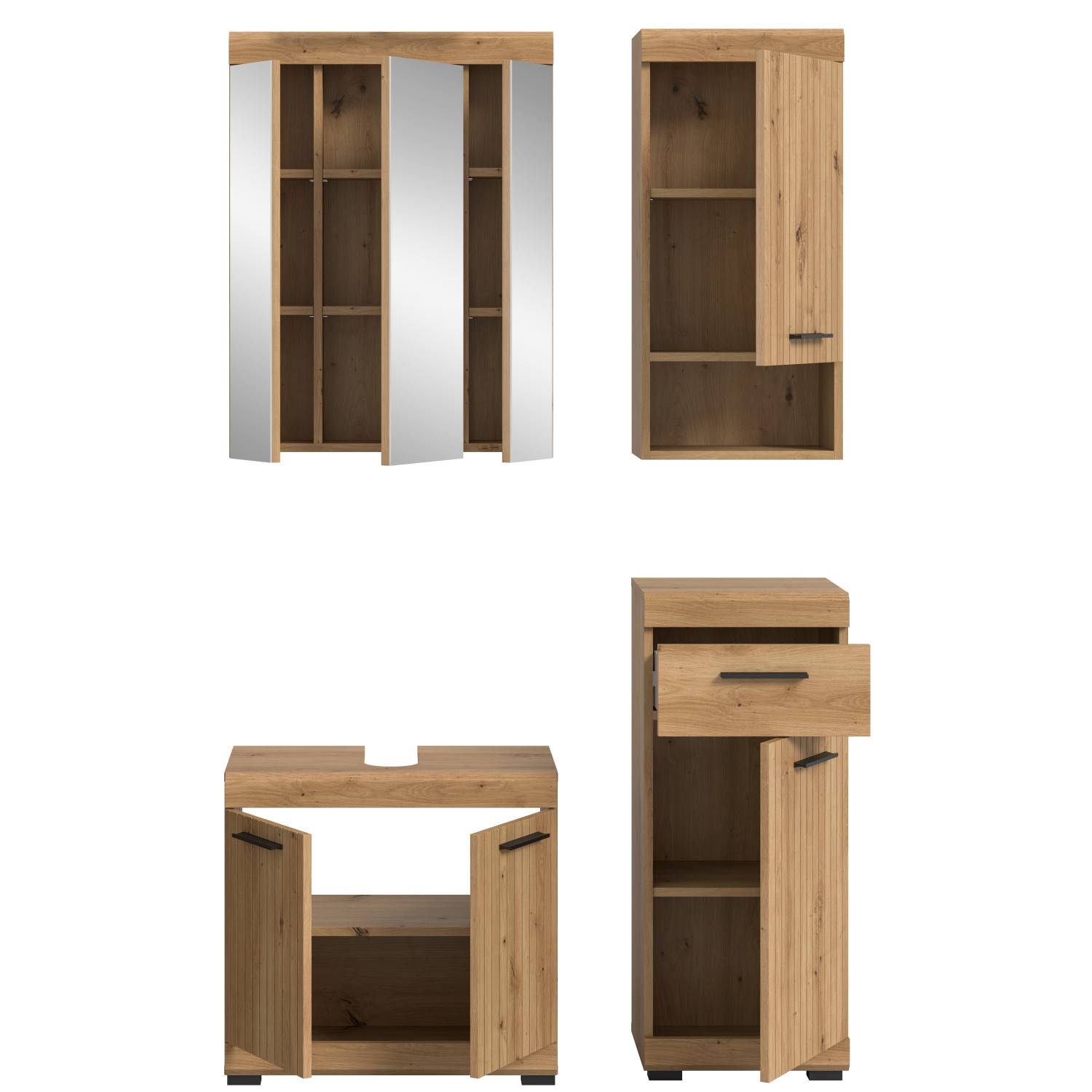 Offene Ansicht des vierteiligen Badezimmer Sets mit Spiegelschrank, Hochschrank, Unterschrank und Kommode – Lasewood