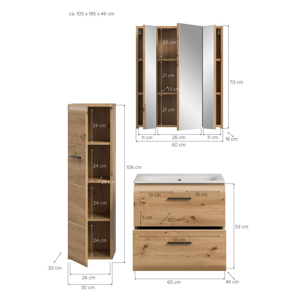 Maße und Abmessungen des Waschplatz Sets mit Hochschrank, Waschtischunterschrank und Spiegelschrank – Canopus