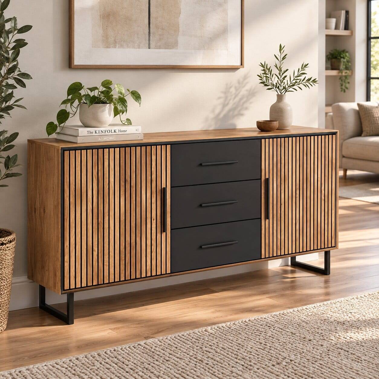 Kombi-Sideboard in Eichefarben und Schwarz - Mantua