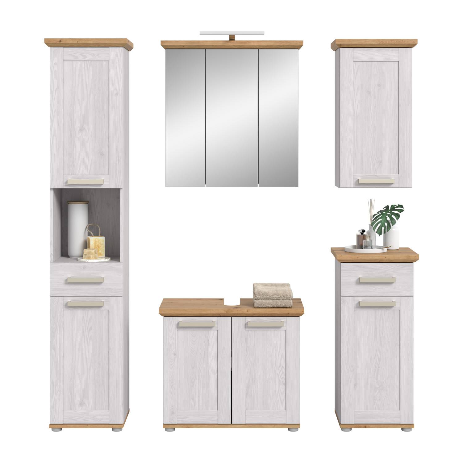 Komplettes fünfteiliges weißes Badmöbel Set mit Spiegelschrank, Hochschrank und Unterschrank für das Bad – Tocella