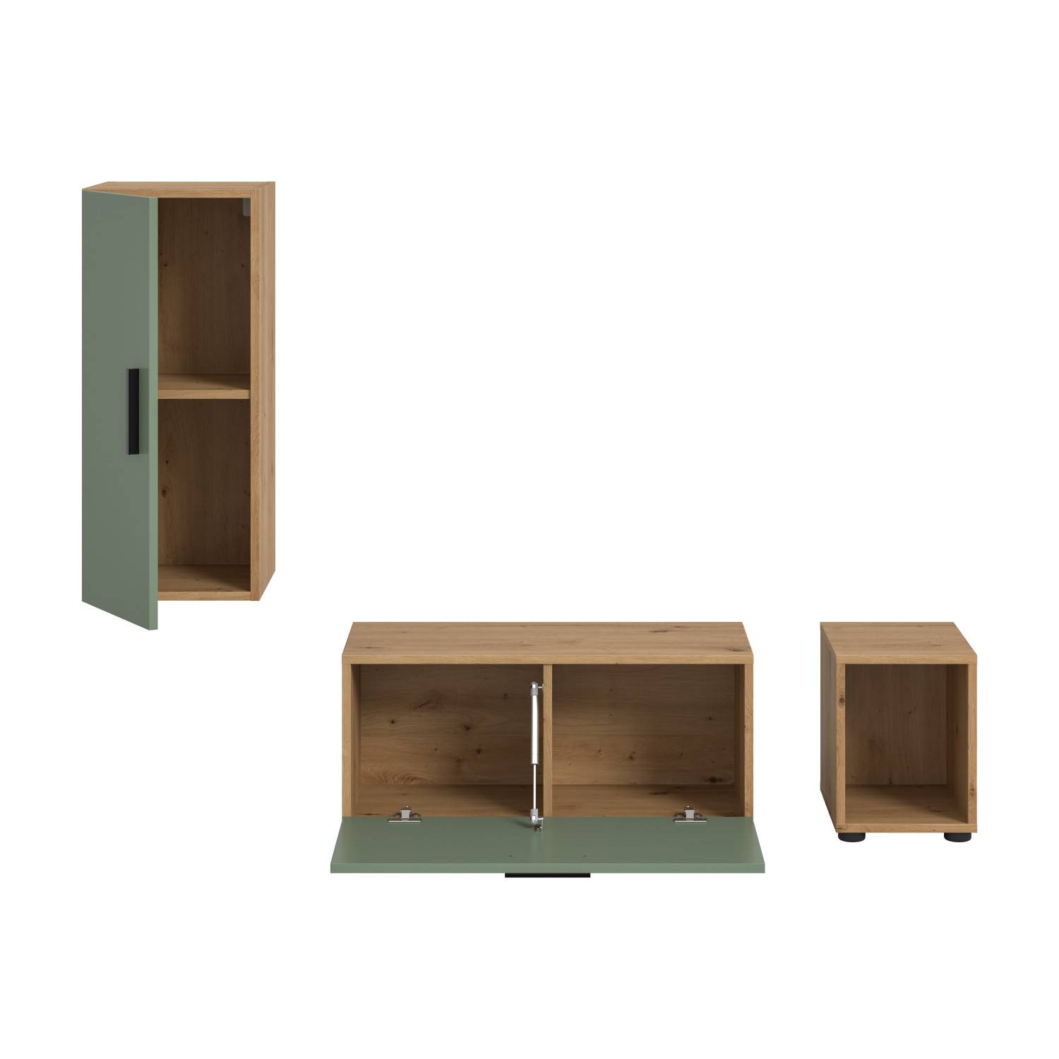 Dreiteiliges Anbauwand Set in Eiche und Salbeigrün mit offenen Türen und Fächern – Jonni