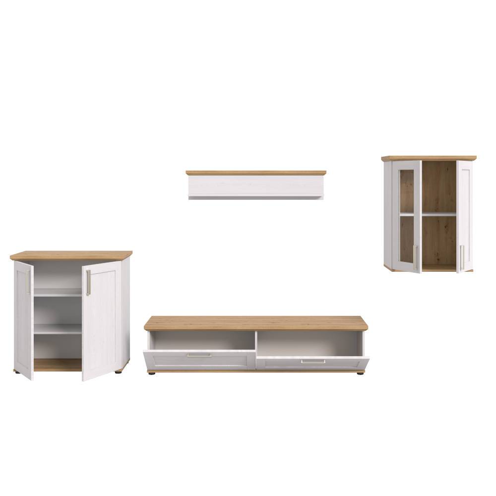 Geöffnete Wohnwand Möbelkombi mit Einblick in Schrank, Lowboard und Hängeschrank, Stauraum – Tocella