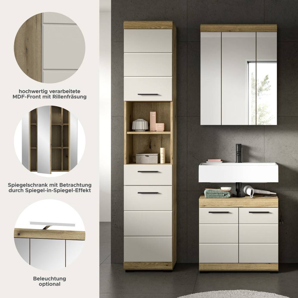 Hochwertige MDF-Front mit Rillenfräsung, Spiegelschrank mit Spiegel-in-Spiegel-Effekt und optionaler Beleuchtung – Casserra