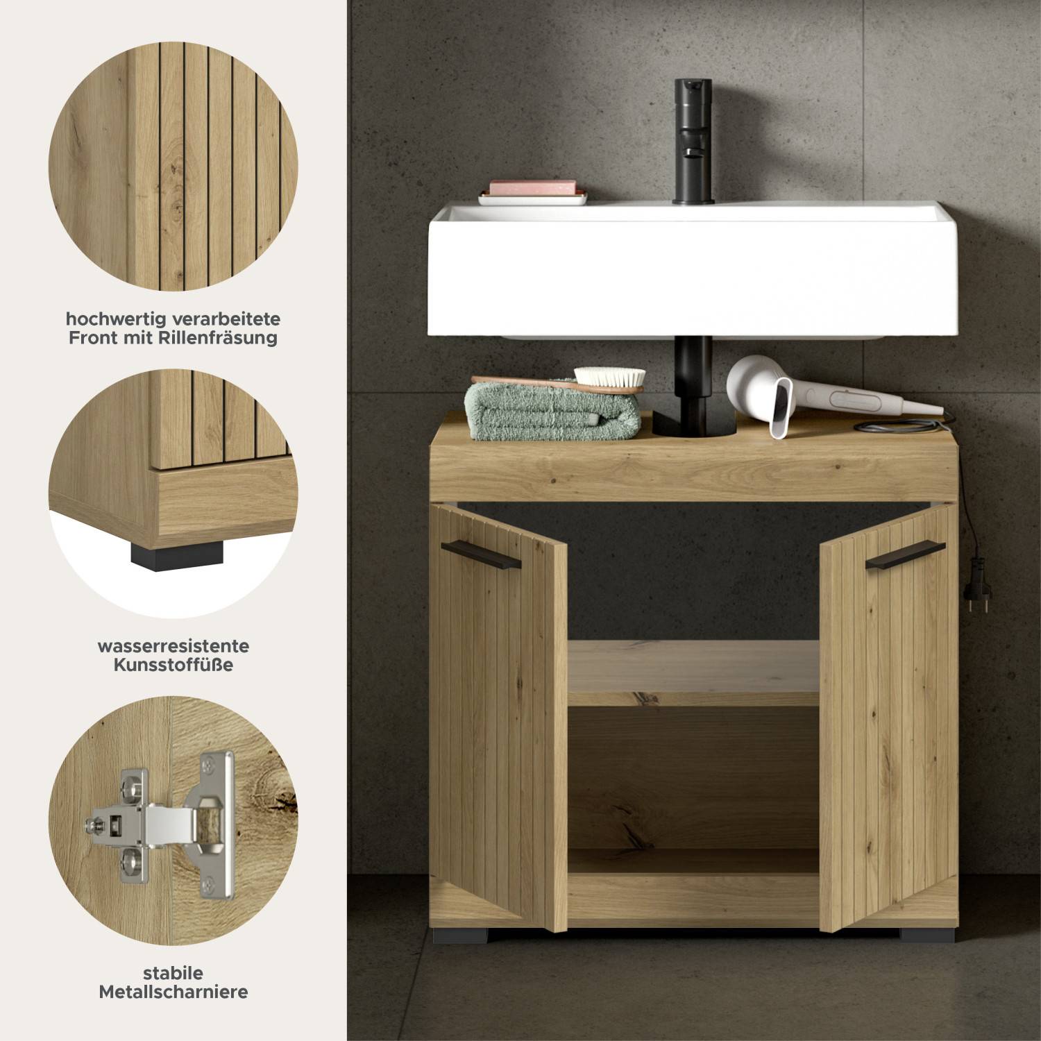 Waschtischunterschrank Details mit geriffelter Front, wasserresistenten Füßen und Metallscharnieren – Lasewood