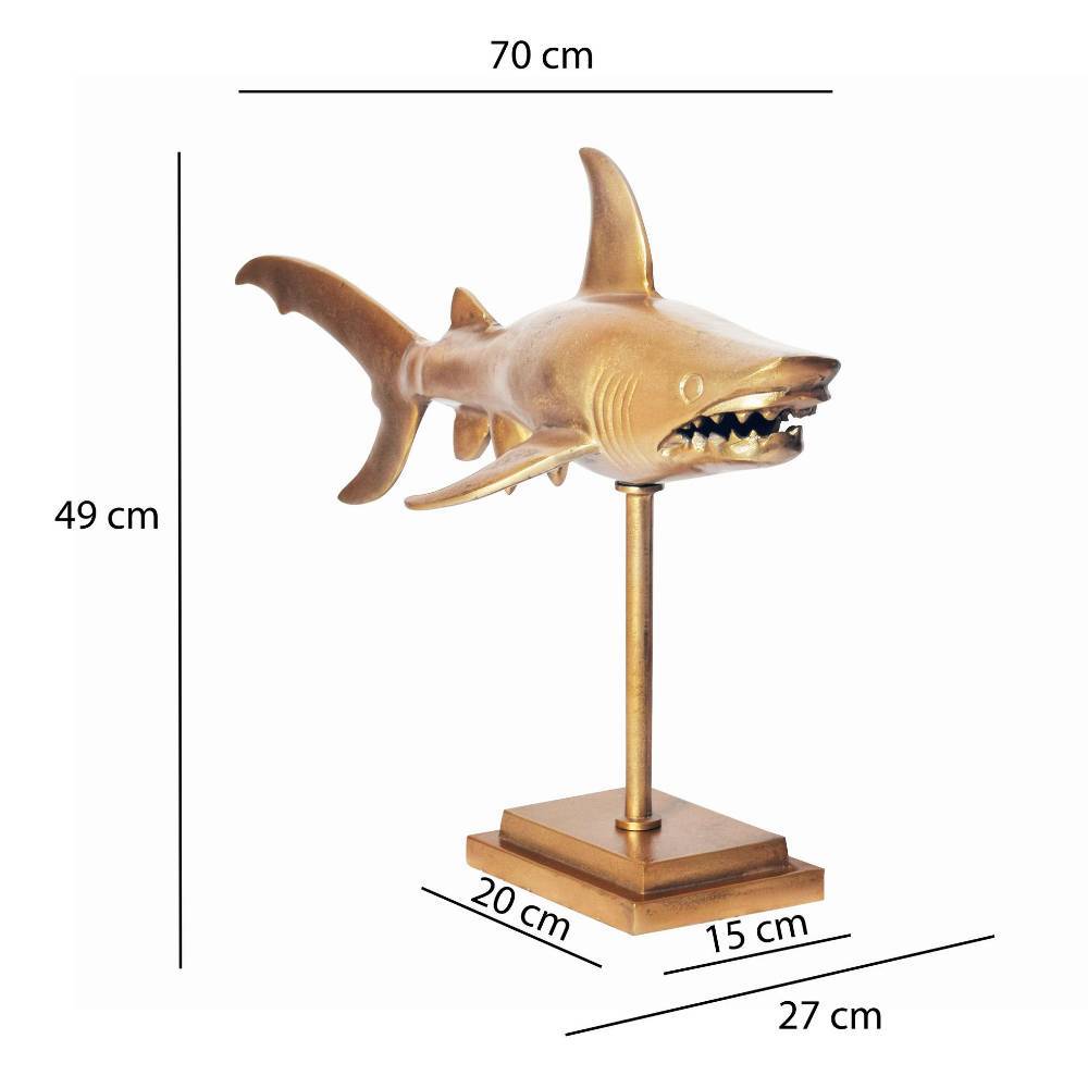 Goldene Haifisch Skulptur Maße und Abmessungen mit Länge, Höhe und Sockelbreite – Estang