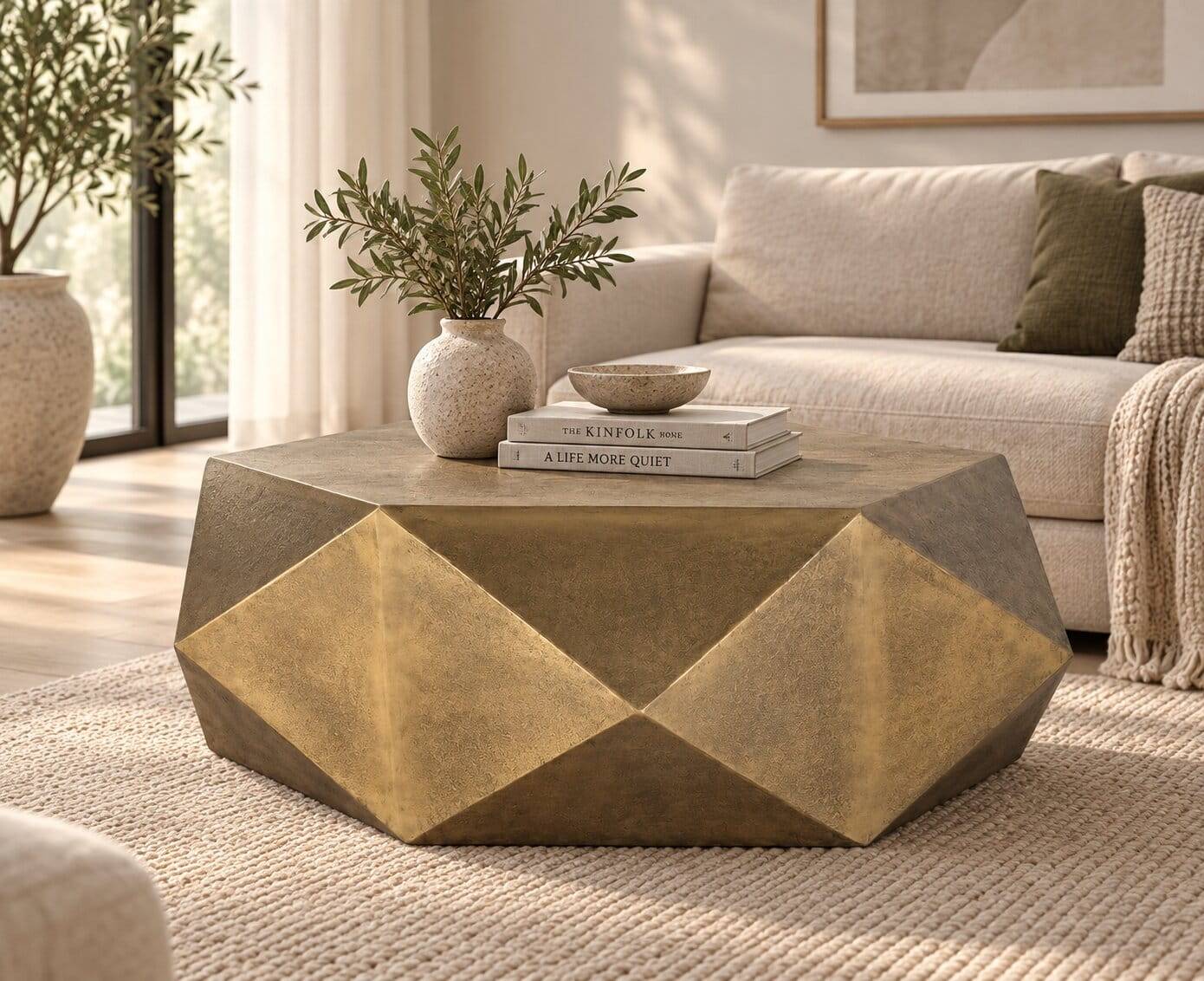 Sechseckiger Couchtisch aus Alu Guss in Gold - Geniale