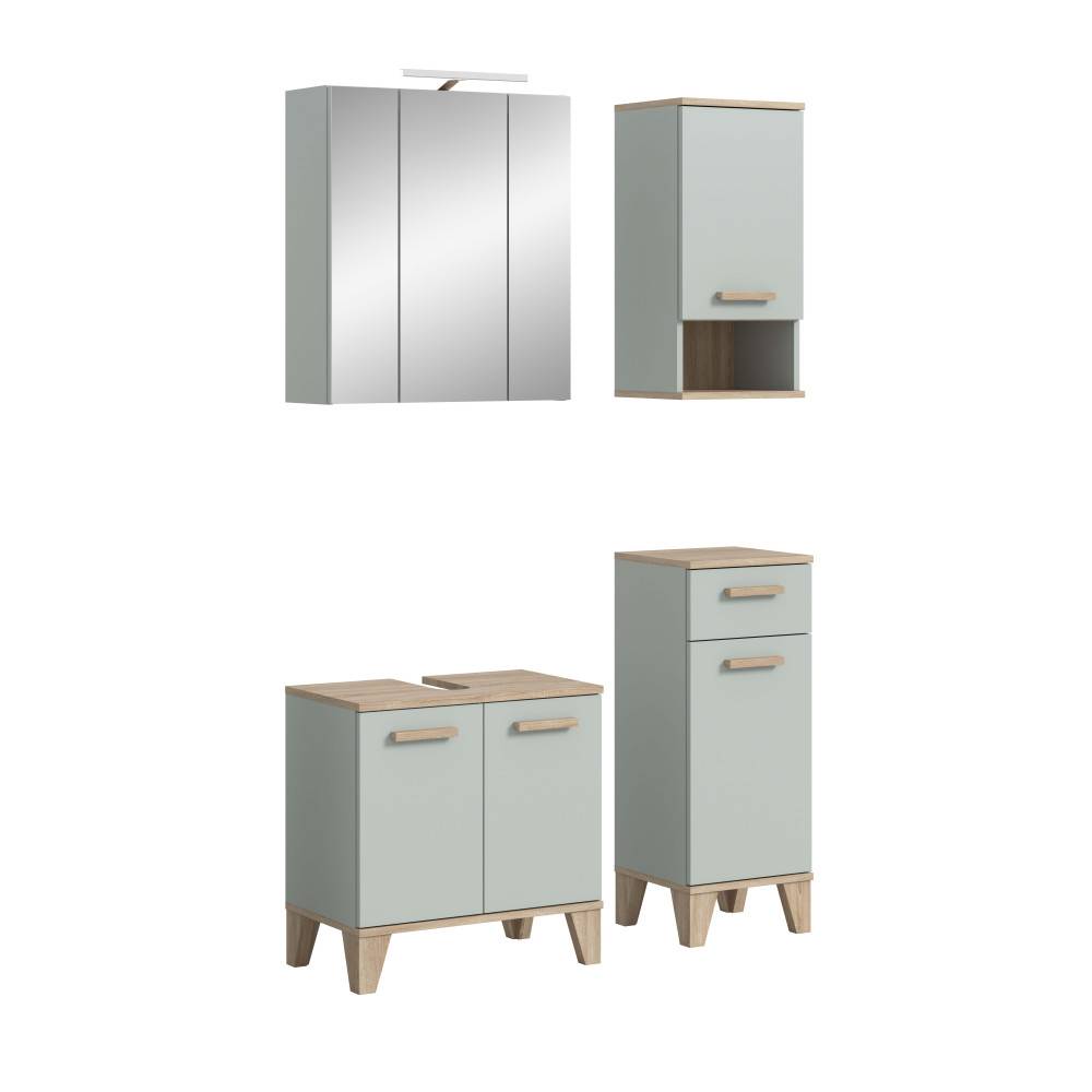 Einzelne Elemente des 4-teiligen Badezimmer Sets in Pastellblau und Holzoptik auf weißem Hintergrund – Cambossa