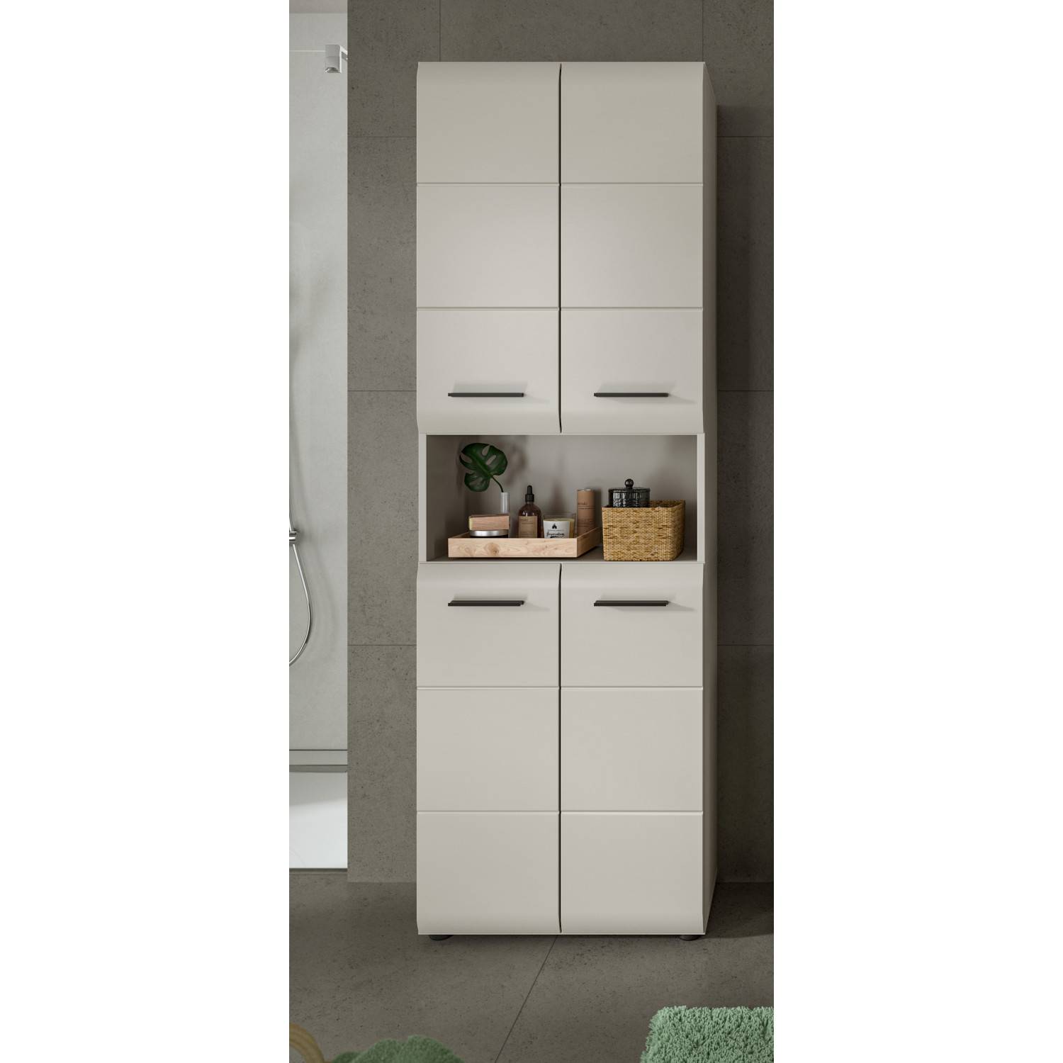 Beiger Badezimmer Hochschrank mit acht geschlossenen Türen und offenem Mittelteil für Stauraum – Donostia