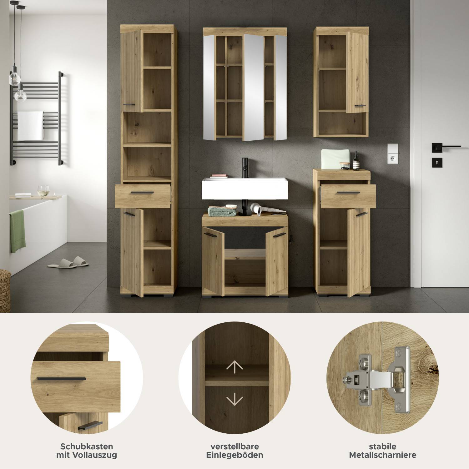 Badezimmermöbel Set mit Vollauszug Schubladen, verstellbaren Einlegeböden und Metallscharnieren – Lasewood