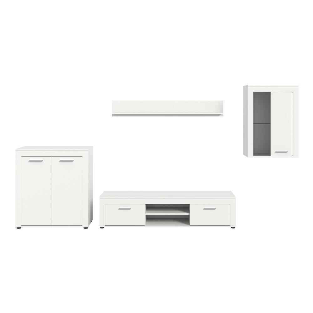 Grifflos designte Wohnwand mit Lowboard, Hängeschrank, Standvitrine und Wandboard – Furoro