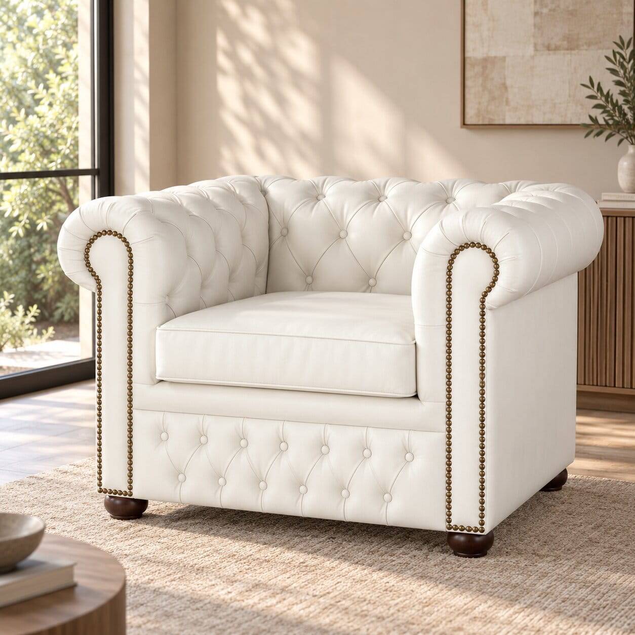Chesterfield Ledersessel in Weiß für das Wohnzimmer