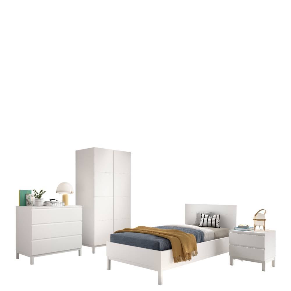 Weißes Jugendzimmer Set vierteilig mit Einzelbett, Kleiderschrank, Kommode und Nachttisch – Crocinol