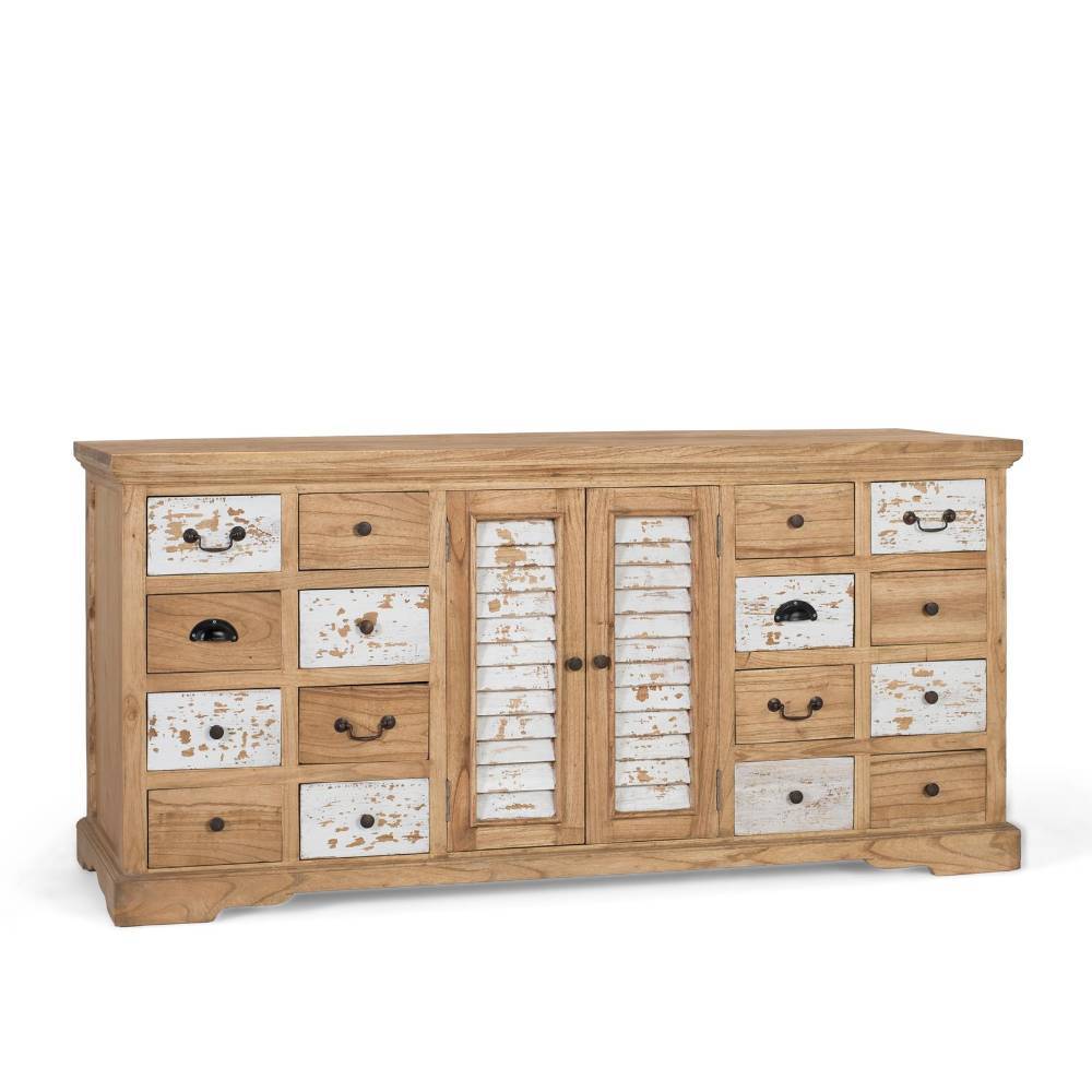 Hellbraunes Massivholz Sideboard im Shabby Chic Stil mit vielen Schubladen für Wohnzimmer – Lamedda