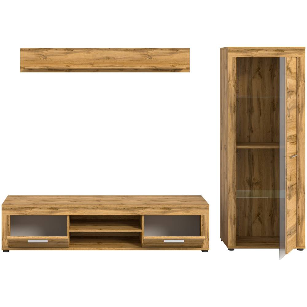 Dreiteilige Wohnwand in Melamin Eiche mit Hängeregal, TV-Lowboard und Vitrinenschrank – Ianovar