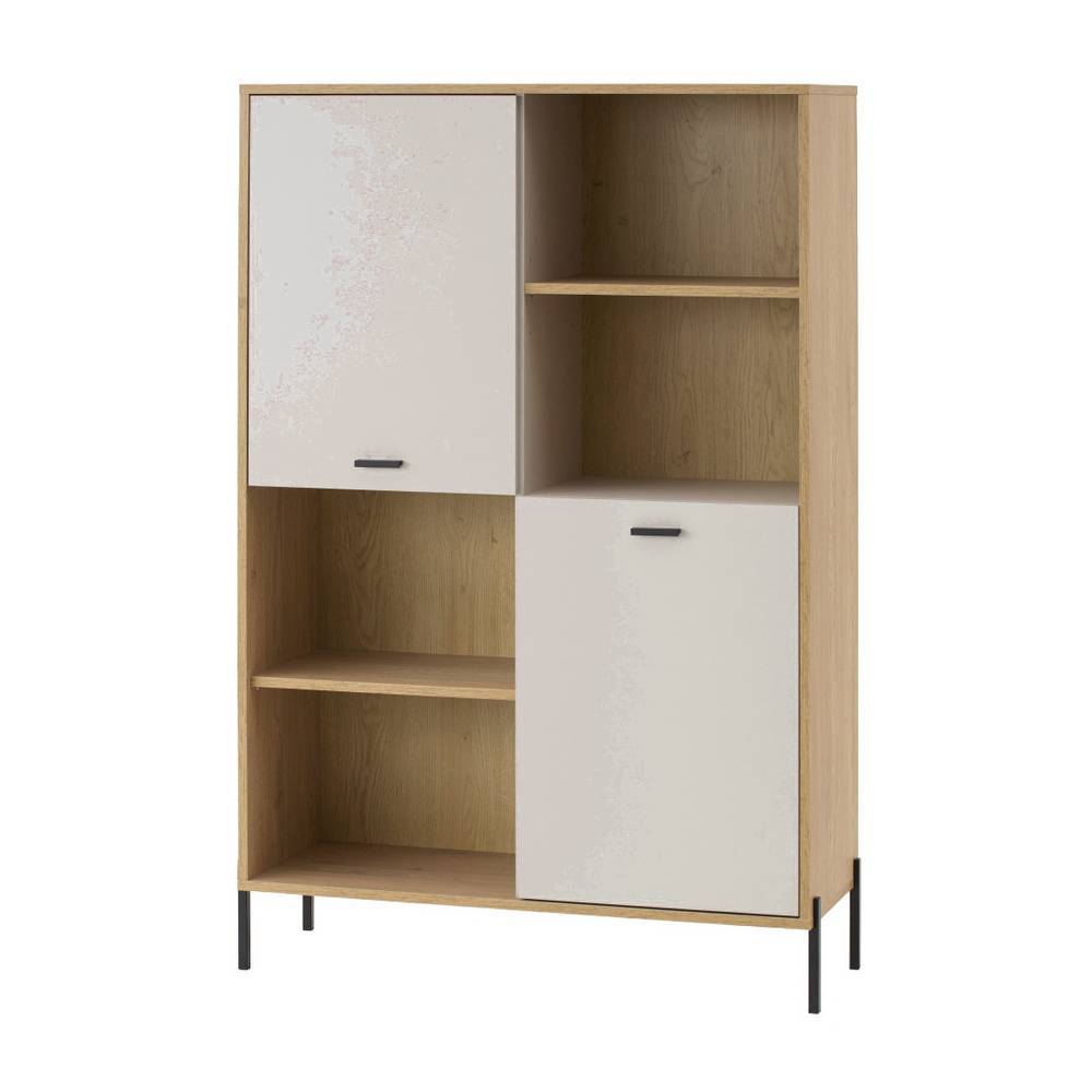 Modernes Highboard mit heller Holzoptik, hellgrauen Türen und offenen Regalfächern, schwarze Metallbeine – Dasanti