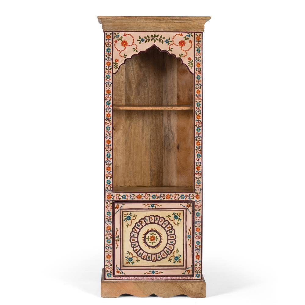 Boho Regal aus Mangoholz mit handgemalten Blumen Motiven und geschlossener Tür – Sorino