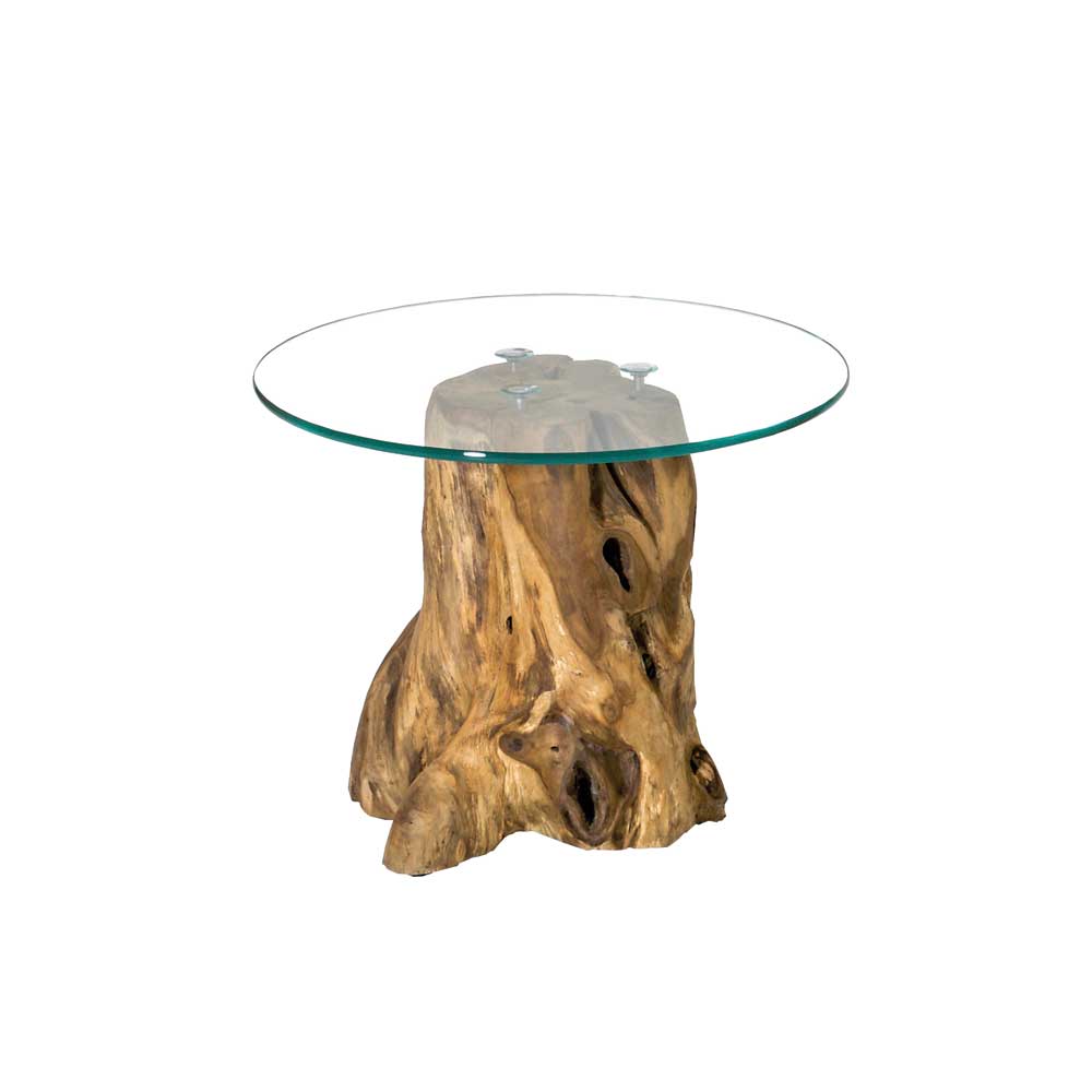 Runder Glastisch mit Teak Baumstumpf - Rapivos