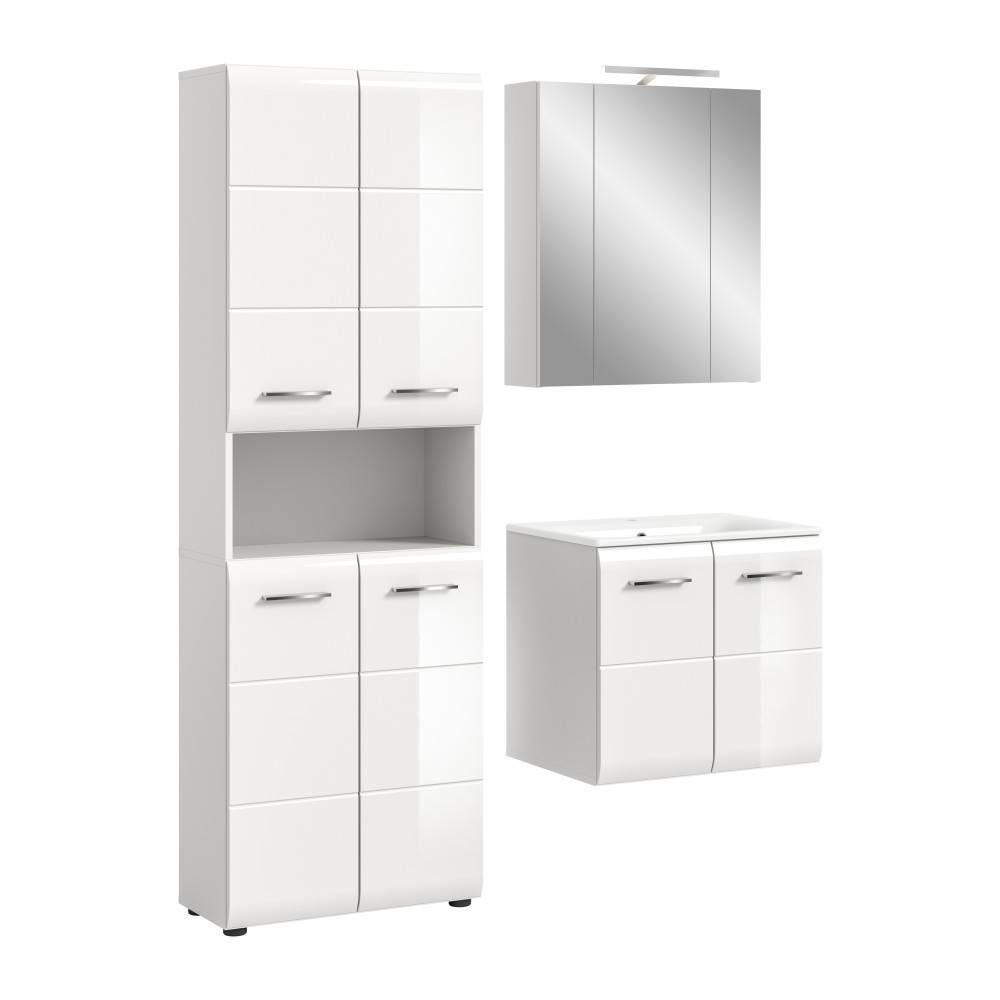 Dreiteiliges weißes Badmöbel Set mit Hochschrank, Spiegelschrank und Waschtischunterschrank – Clona
