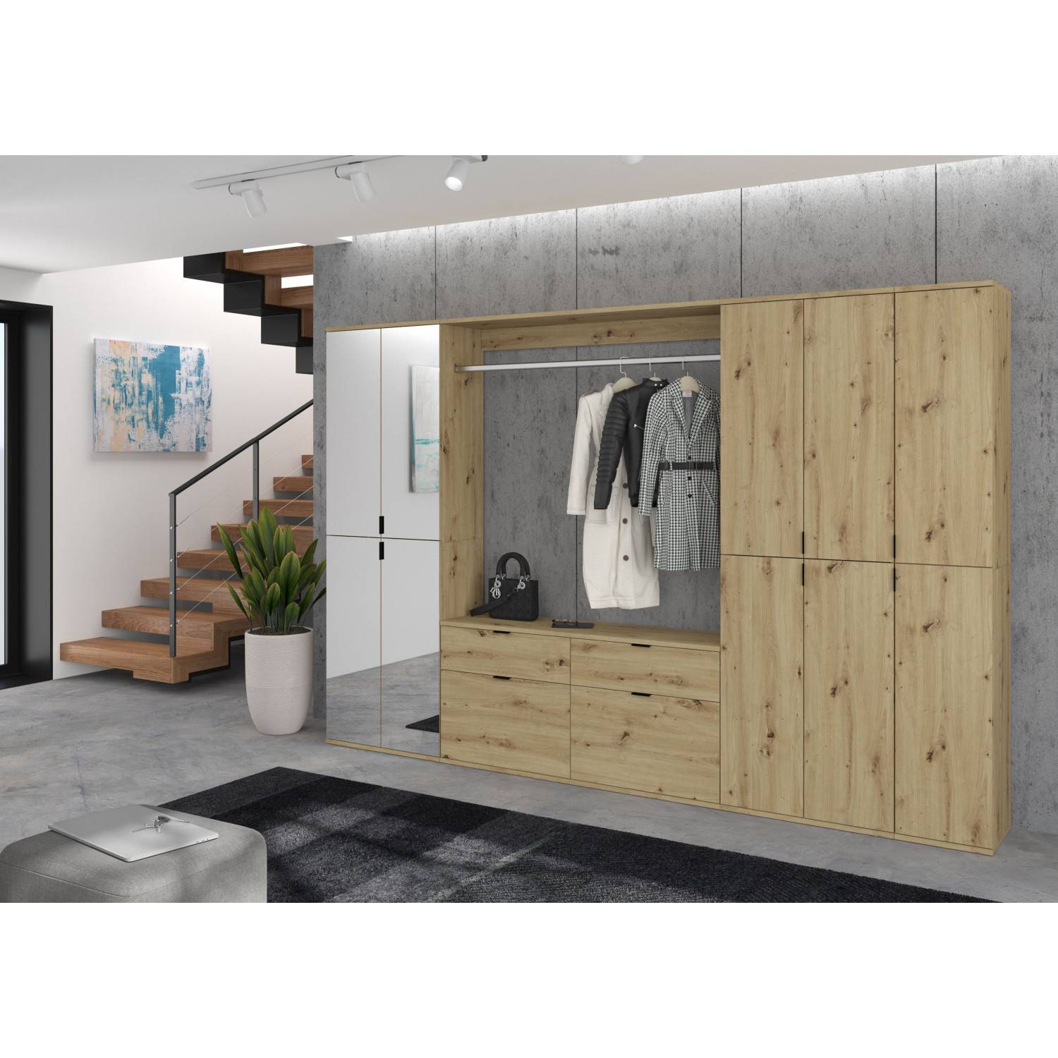 Schuhschrank Garderobe Sonoma Eiche Nachbildung mit Spiegeltür, offener Nische und Stauraum für den Eingangsbereich – Pretty
