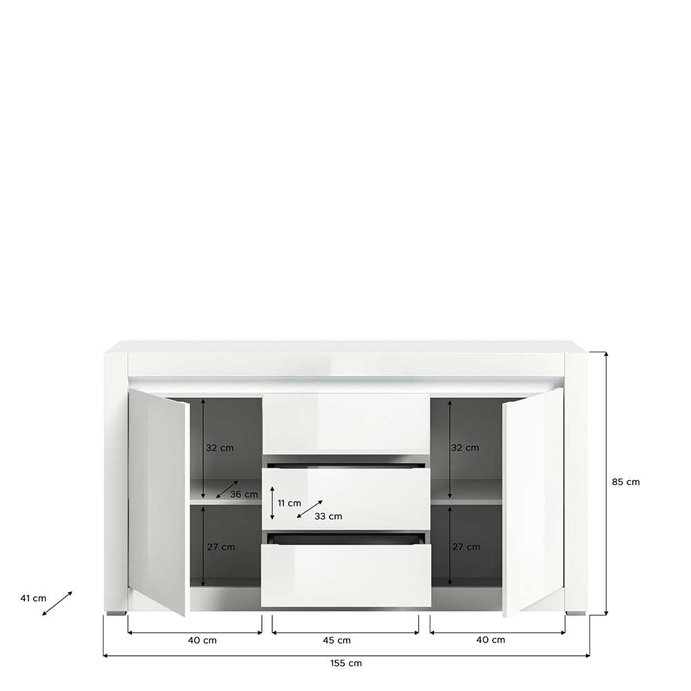 Hochglanz Sideboard in Weiß mit Licht - Zuricona