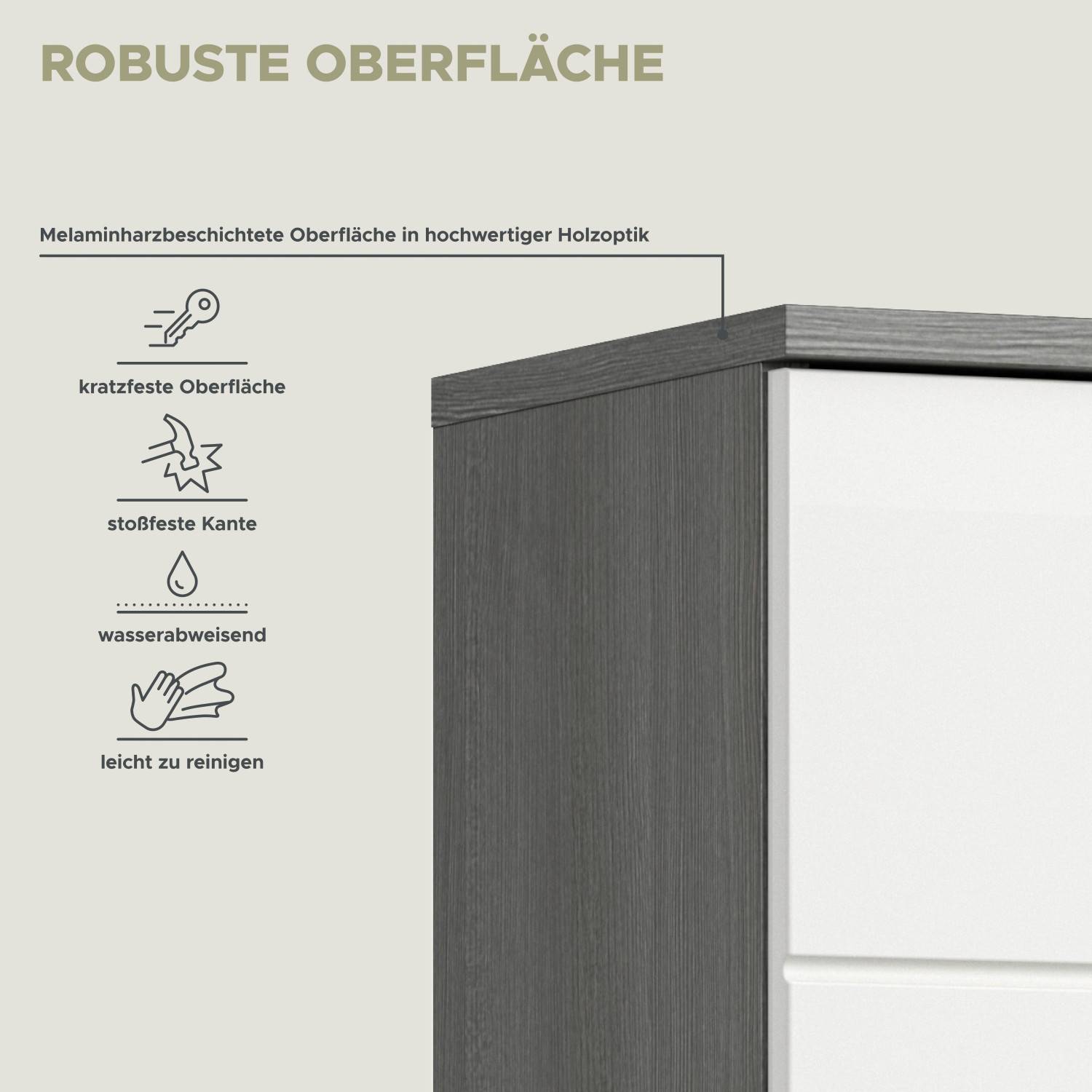 Robuste, melaminharzbeschichtete Oberfläche in Holzoptik, kratzfest und leicht zu reinigen – Chapan