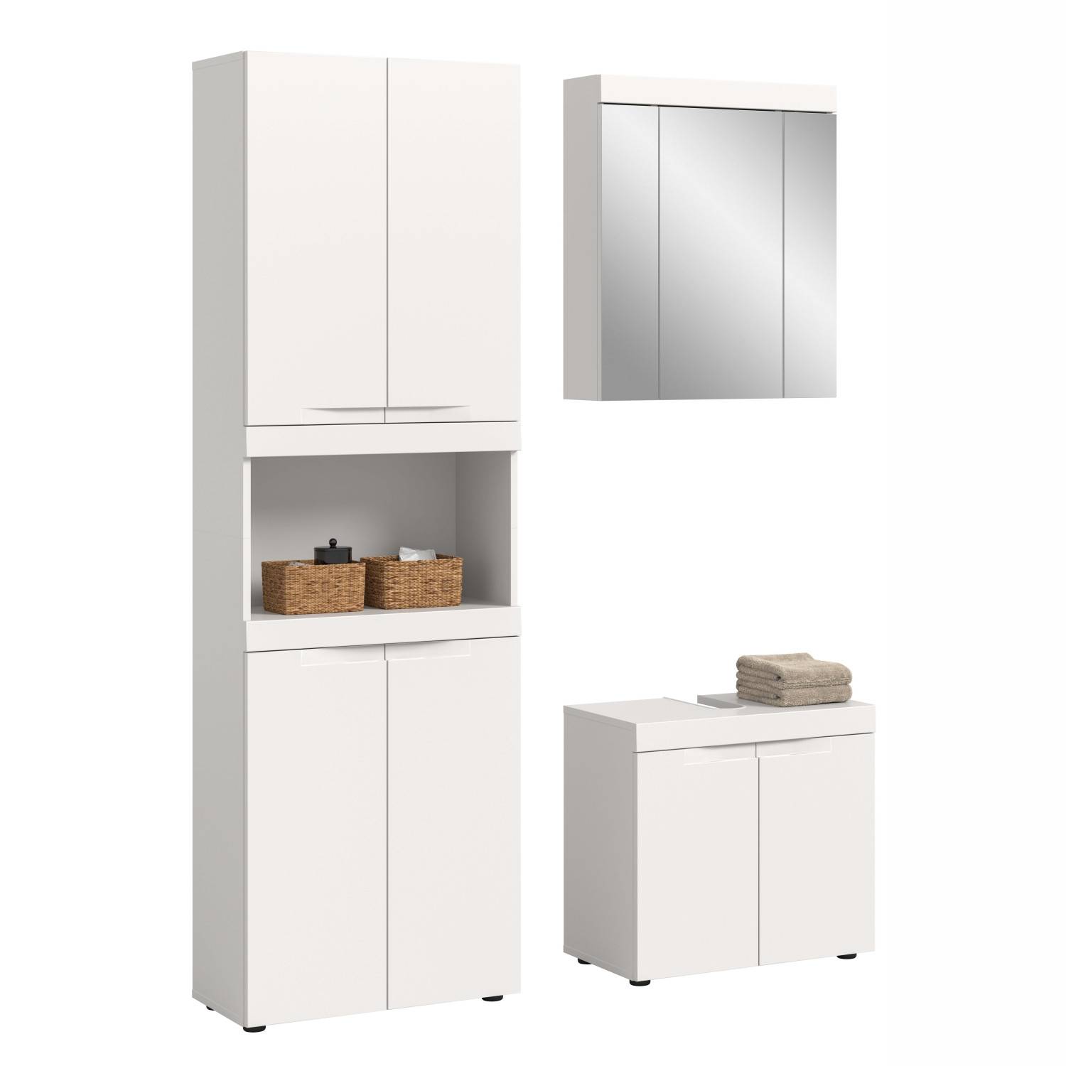 Weißes dreiteiliges Badmöbelset mit Hochschrank, Spiegelschrank und Waschbeckenunterschrank – Bruna
