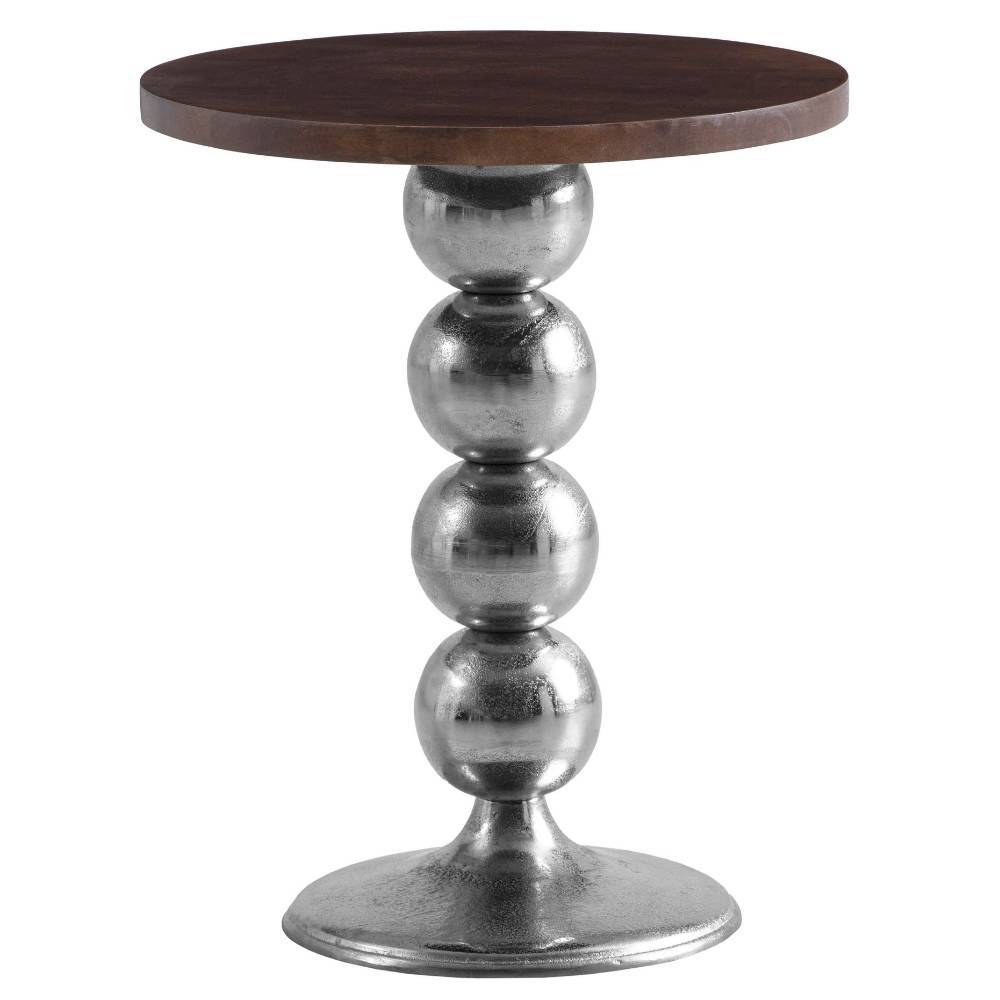 Eleganter Design-Beistelltisch mit runder Holzplatte und auffälligem silbernen Kugelgestell – Enjadara