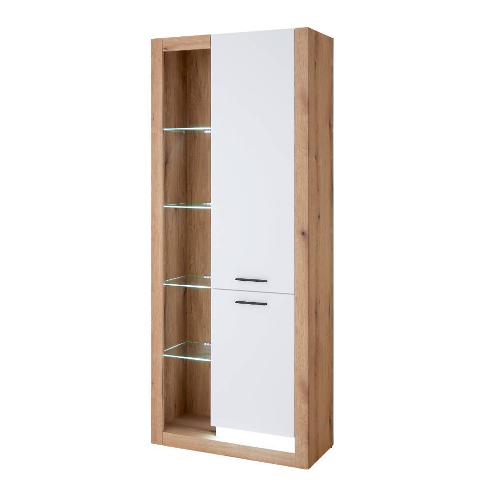 Hoher Vitrinenschrank des Wohnwand Sets in Mattweiß und Eichendekor mit Glasböden – Adejano