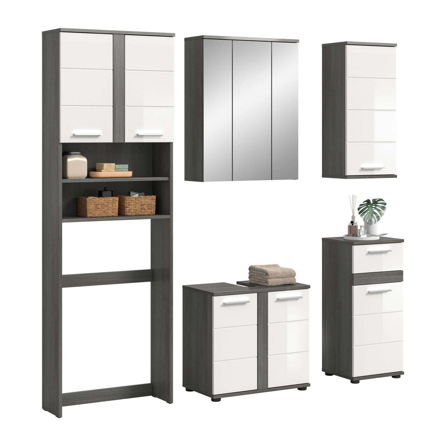 Modernes fünfteiliges Badezimmermöbel Set in Weiß Hochglanz und Grau – Chapan