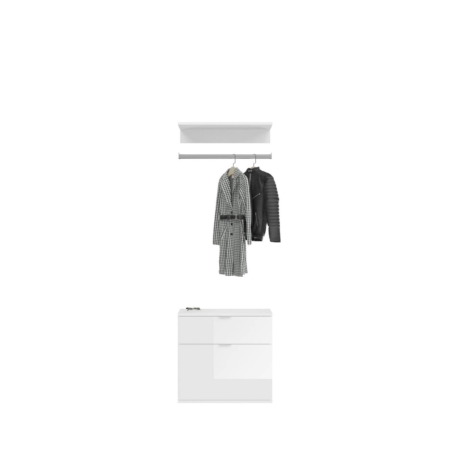 Mittleres Garderobenelement in Weiß mit Kleiderstange, Ablage und zwei Schubladen – Pretty