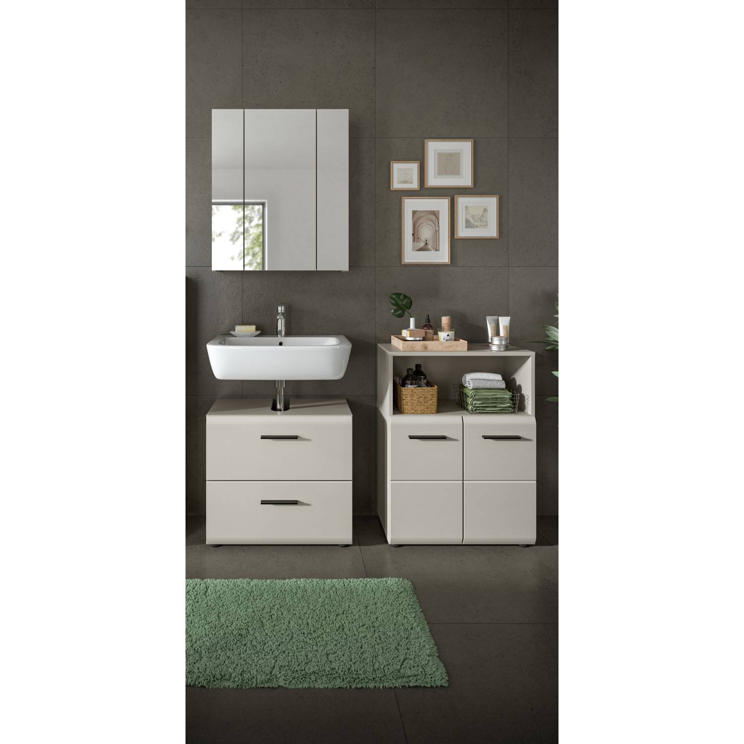 Modernes Badezimmer Waschplatz Set in Kaschmir Melamin mit Waschtisch, Spiegelschrank und Badschrank – Donostia