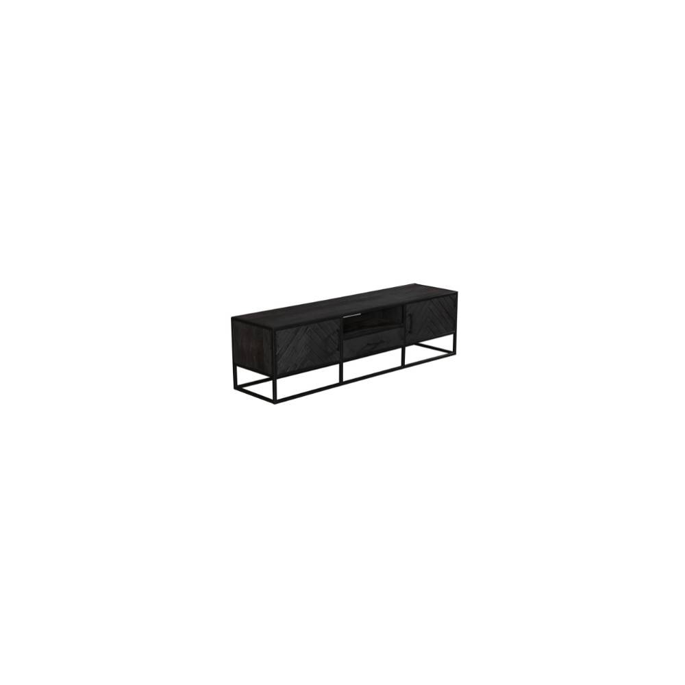 Modernes schwarzes TV Board aus Mangoholz mit geometrischem Chevron-Muster auf den Türen – Lida