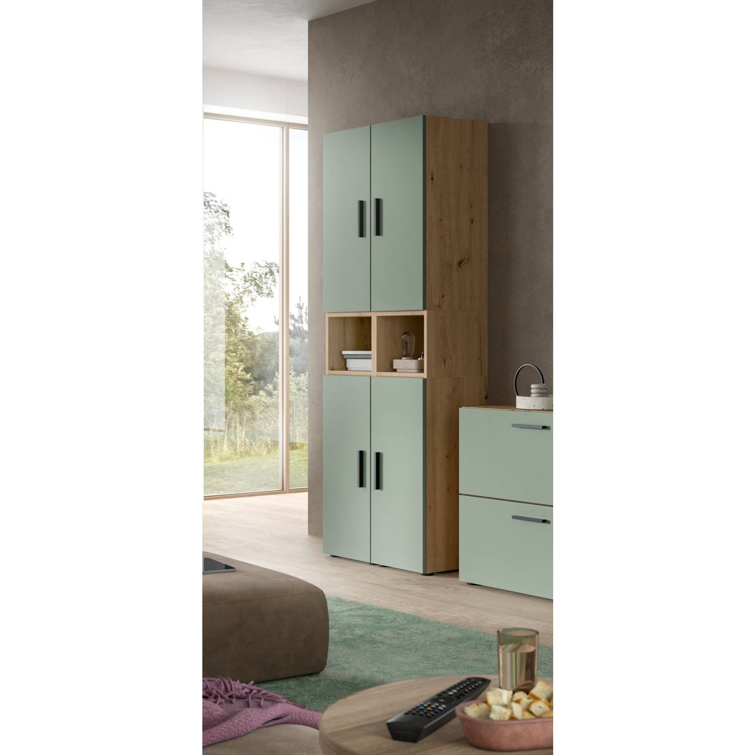 Zweiteilige Schrankwand mit mintgrünen Türen und offenem Holzfach im modernen Wohnzimmer – Jonni