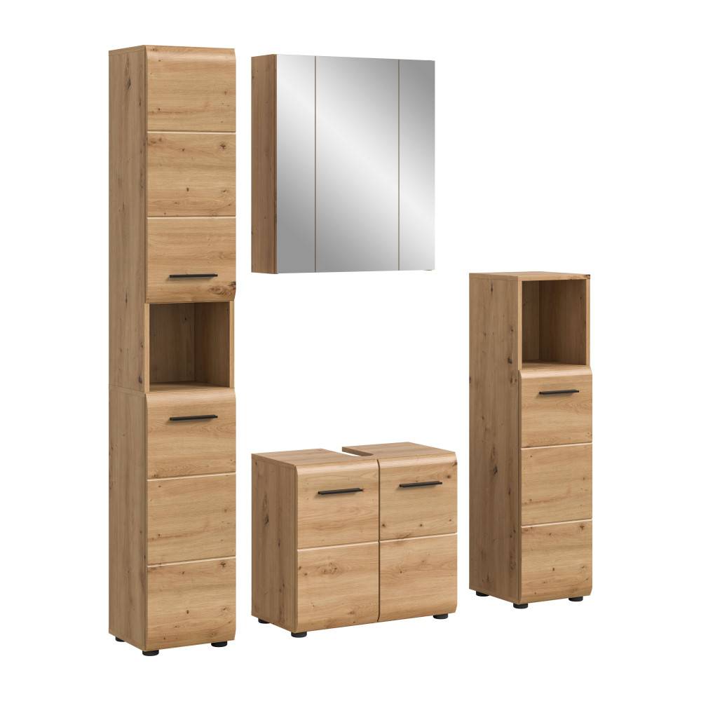 Modernes Waschplatz Set in heller Eichen-Nachbildung mit Spiegelschrank und Waschtischunterschrank – Canopus