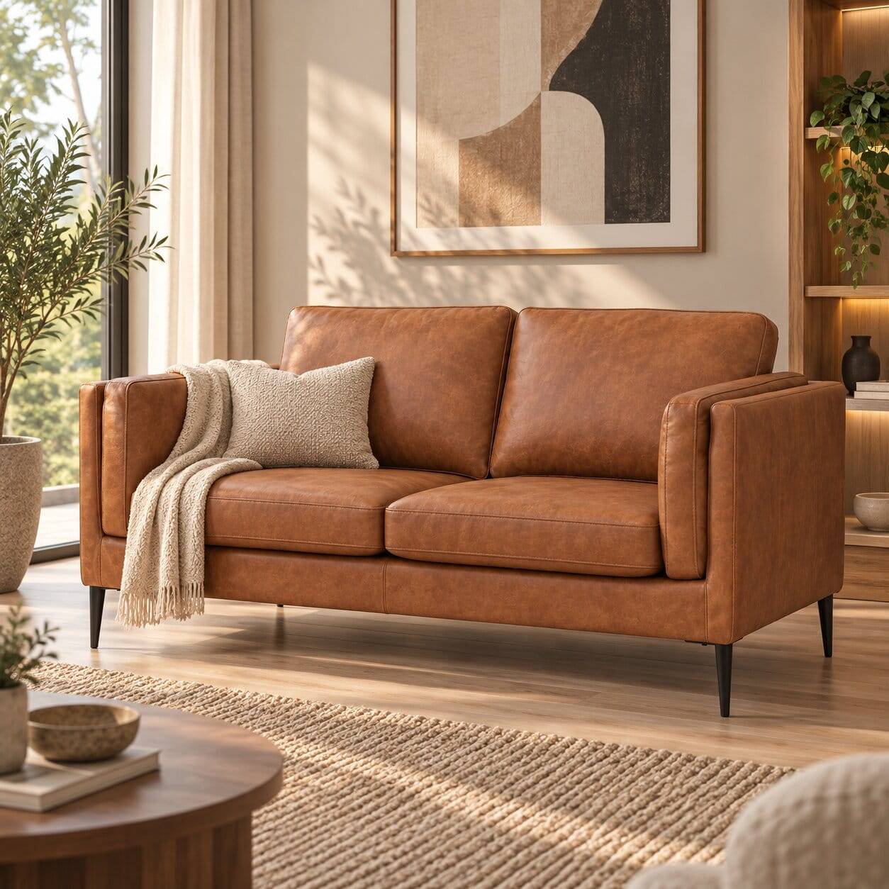 Modernes Zweisitzer Sofa aus Leder in Cognac Braun für das Wohnzimmer – Lespavo