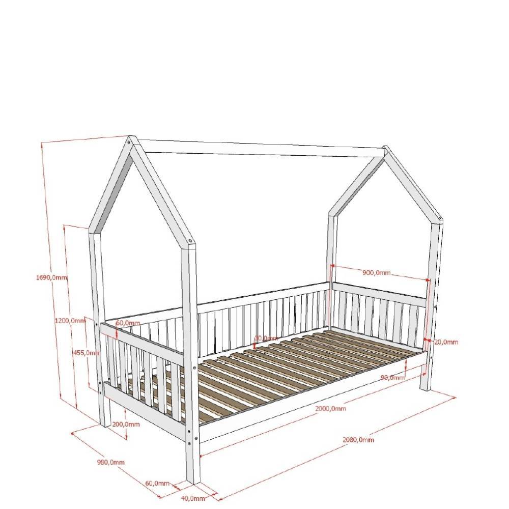 Kinder Hausbett aus Holz mit detaillierten Produktmaßen und Abmessungen – Pacificon