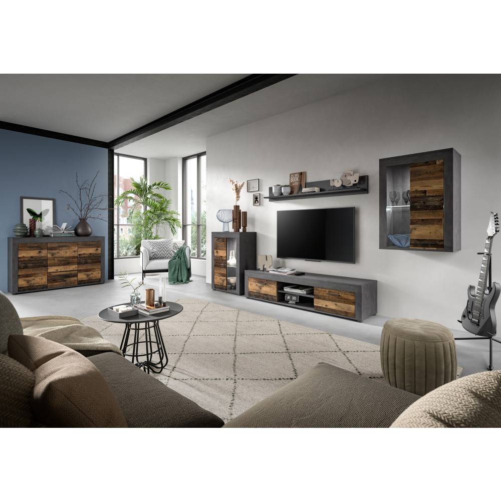 Moderne Wohnwand mit TV-Board, Vitrinen und Wandregal in dunkler Beton- und Altholzoptik für Wohnzimmer – Istrewy