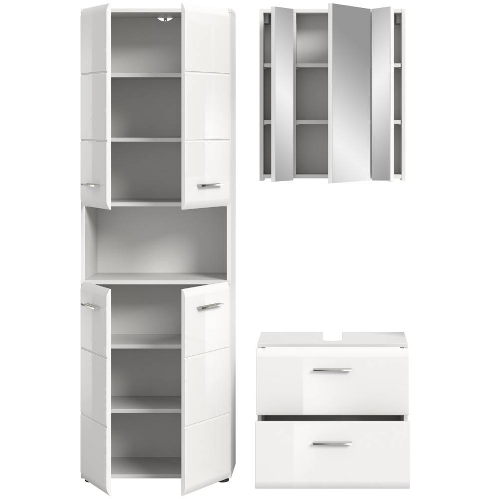 Weißes Hochglanz Badezimmermöbelset mit Hochschrank, Spiegelschrank und Waschtischunterschrank – Clona