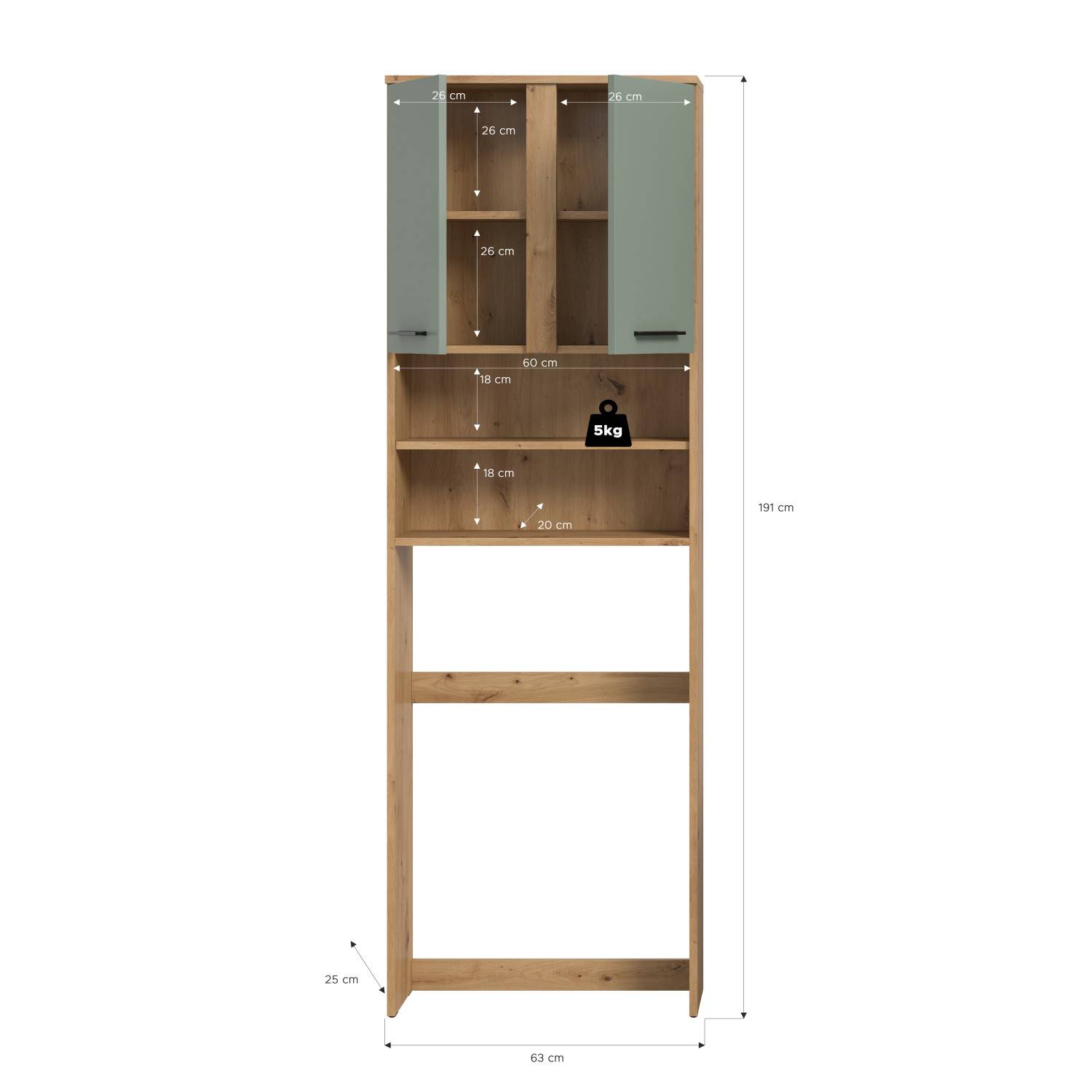 Badezimmer Hochschrank als Überbaulösung mit detaillierten Maßen und Abmessungen für die Planung – Luzanos