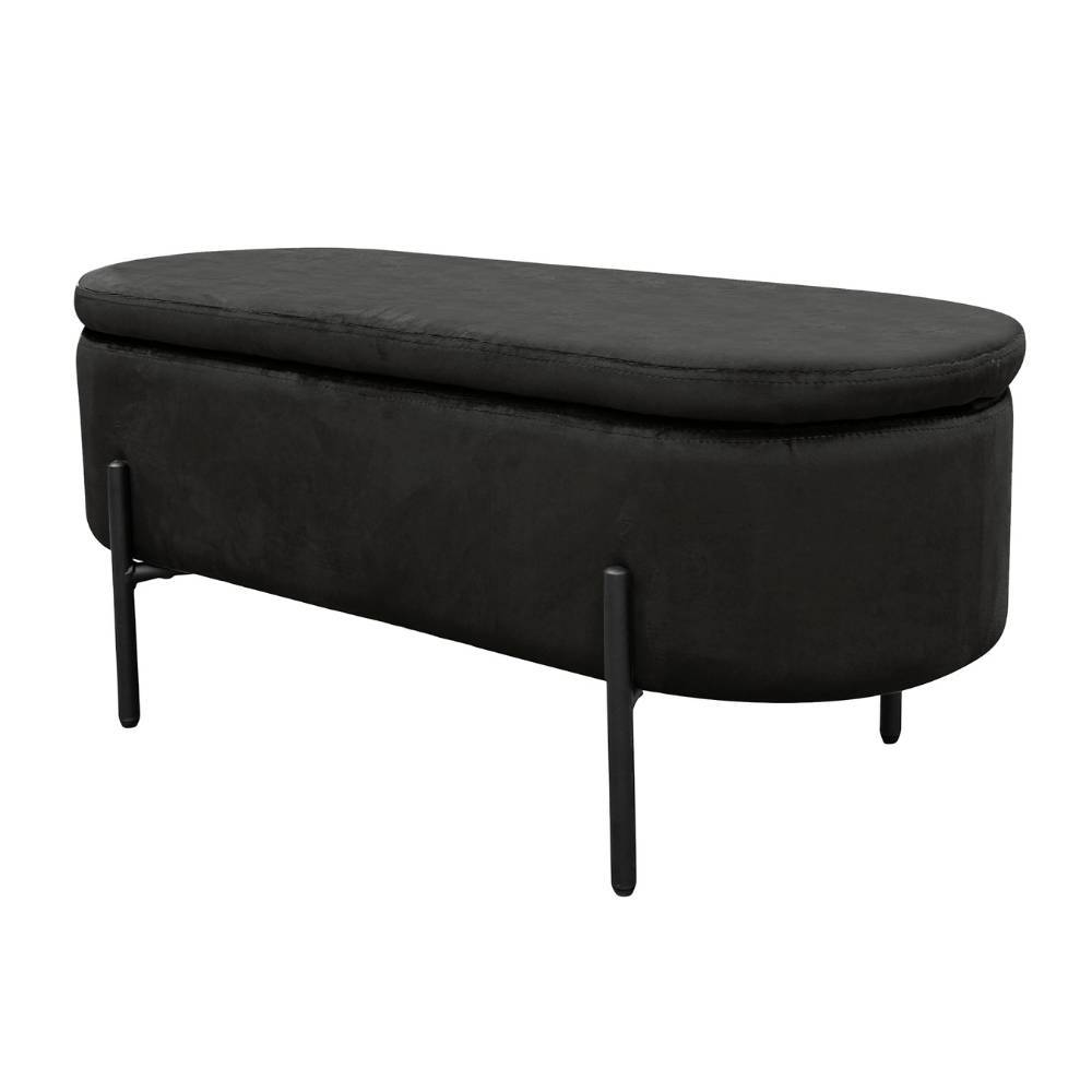 Elegante schwarze Samt Bettbank geschlossen, als stilvolle Sitzgelegenheit – Living