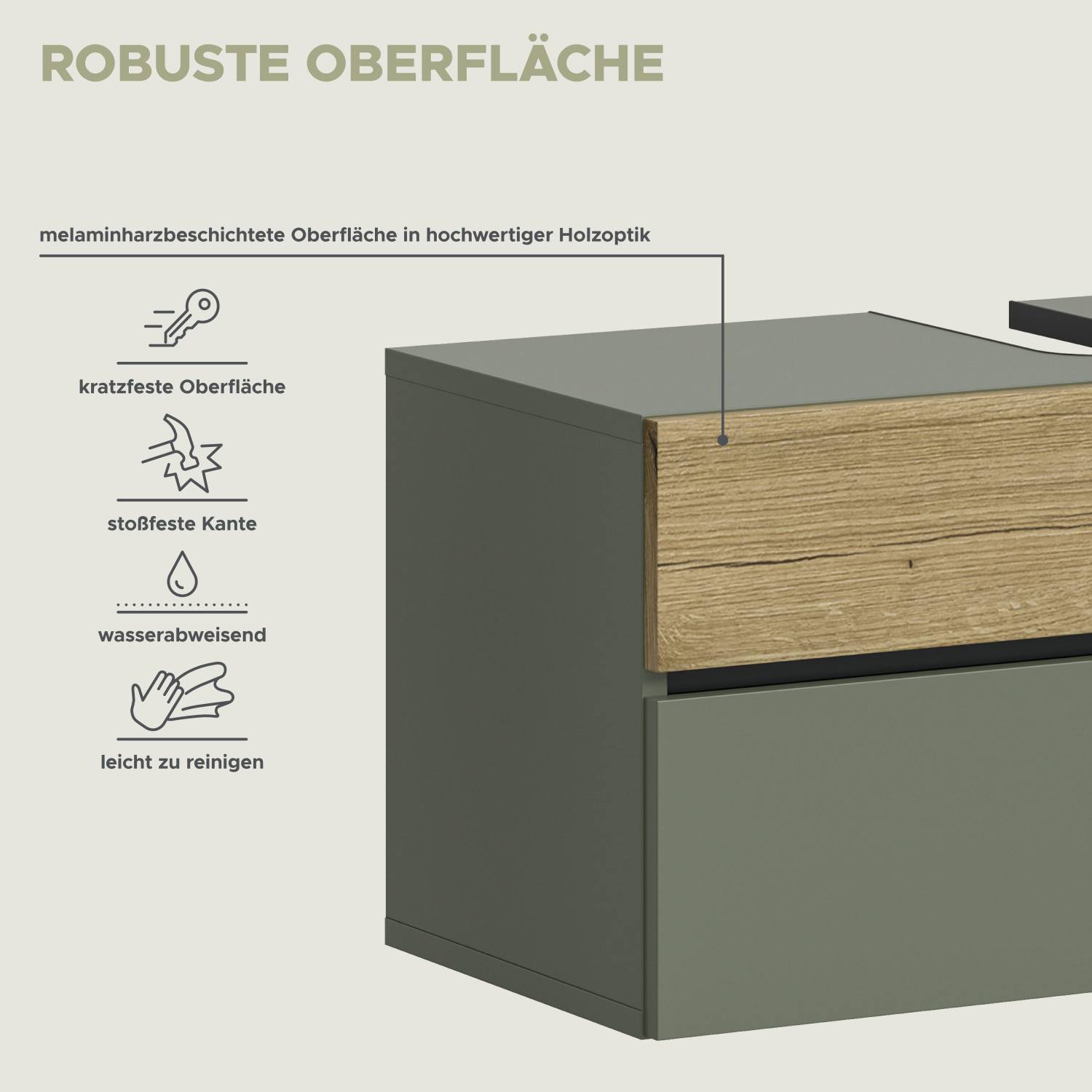 Robuste, kratzfeste und wasserabweisende Oberfläche der Badmöbel in grün matt und Holzoptik – Jubby