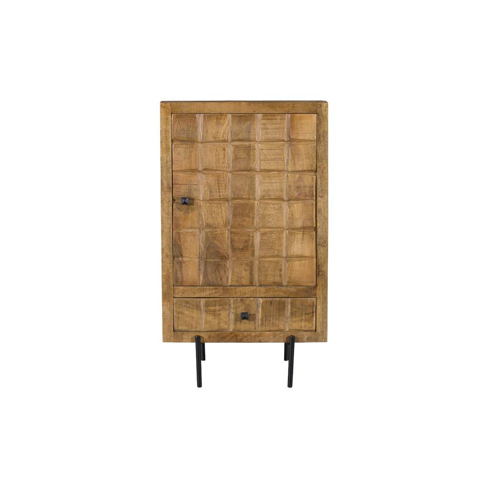 Schrank aus Mangoholz mit Relief-Front, einer Schublade und schwarzen Metallfüßen – Laudion